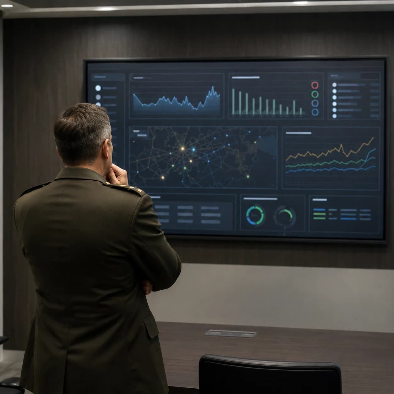Military officer reviewing readiness analytics on a wall display